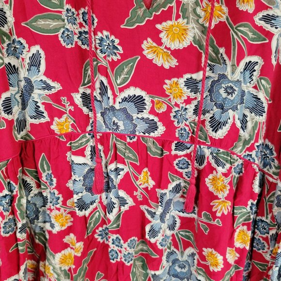 Old Navy Boho Chic Tassel Tie Red Blue Long Sleeve Fall Floral Dress Size Medium - Picture 4 of 14